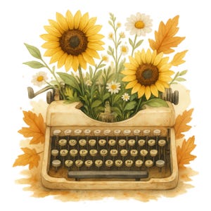10 Vintage Floral Typewriter Clipart PNG, Watercolor Typewriter Flowers Sublimation Design for Cards, Scrapbook, Journaling, Crafts