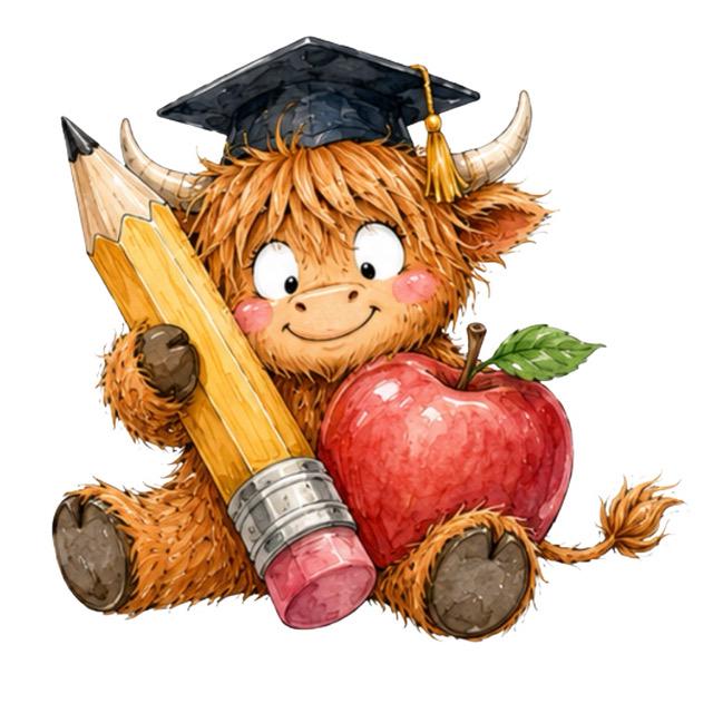Graduation Highland Cow Clipart: Watercolor Cows With Cap & Books ...