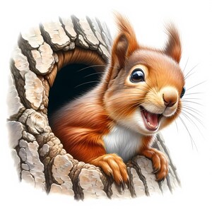 K&ouml;nnte beinhalten: Ein rotes Eichh&ouml;rnchen mit buschigem Schwanz schaut aus einem Baumstamm heraus. Das Eichh&ouml;rnchen hat ein breites, zahniges Grinsen und sein Fell ist weich und flauschig.