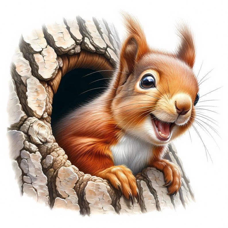 K&ouml;nnte beinhalten: Ein rotes Eichh&ouml;rnchen mit buschigem Schwanz schaut aus einem Baumstamm heraus. Das Eichh&ouml;rnchen hat ein breites, zahniges Grinsen und sein Fell ist weich und flauschig.