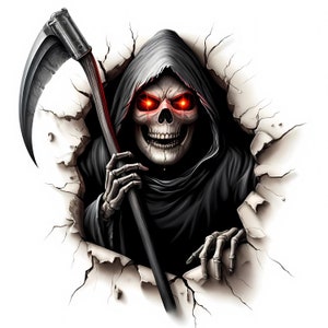 May include: A skeletal figure with glowing red eyes emerges from a cracked wall, holding a black scythe. The figure is wearing a black hooded robe.