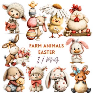 May include: A set of watercolour illustrations featuring cute farm animals and Easter themes. The image includes a lamb, bunny, chick, donkey, duckling, and cow, alongside decorated Easter eggs. Text reads "FARM ANIMALS EASTER 37 PNG".