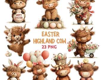 May include: A collection of adorable cartoon Highland cows with Easter-themed decorations. The cows are brown with bows, holding Easter eggs, flowers, and balloons. The image includes the text "EASTER HIGHLAND COW 23 PNG".