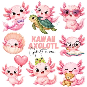 Könnte beinhalten: Eine Sammlung von rosa Axolotl-Illustrationen mit verschiedenen Aktivitäten, darunter eine als Meerjungfrau, eine auf einer Schildkröte, eine mit Herzbrille, eine in einer Muschel, eine beim Lesen, eine mit Luftballon, eine mit Frosch und eine mit Teddybär. Der Text lautet KAWAII AXOLOTL Clipart 15 PNG.