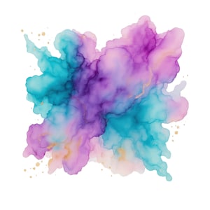May include: Abstract watercolour painting with a cloud-like design in teal, purple, and pink hues. Gold accents are scattered throughout. The artwork is set against a clean white background.