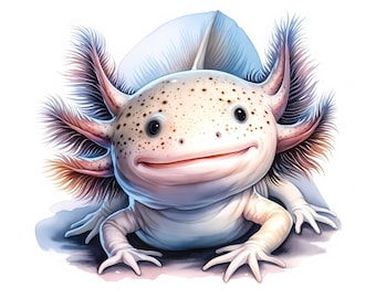 May include: A close-up of an axolotl, a type of salamander, with a light pink and white body and black spots. It has feathery gills and a wide, toothy smile.