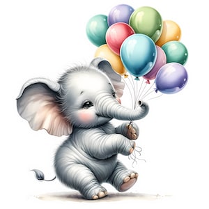 Baby Elephant With Balloons Clipart: Nursery Art (digital Download ...