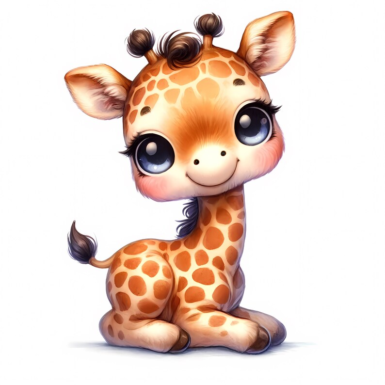 Op de afbeelding: Een schattige cartoon giraffe met grote blauwe ogen, bruine vlekken en een vriendelijke glimlach. De giraffe zit, met het hoofd iets gekanteld. Het kleurenpalet bestaat uit bruin, oranje en wit, wat een zacht en uitnodigend beeld cre&euml;ert.