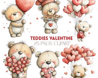 Teddy Bear Valentine's Day Clipart: Whimsical Valentine Graphics (Digital Download) 25 PNG Files