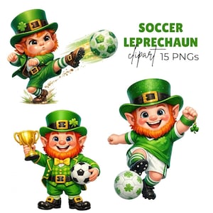 May include: Digital illustration of three leprechauns in green soccer attire. One kicks a soccer ball, another holds a trophy and a soccer ball, and the third kicks a soccer ball. The text "SOCCER LEPRECHAUN clipart 15 PNGs" is also visible.