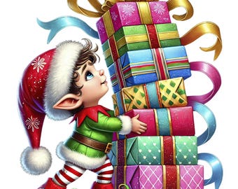 Op de afbeelding: Een kerst elf met een rode muts en groen-wit gestreepte broek houdt een stapel ingepakte cadeaus vast met kleurrijke linten.