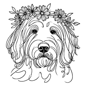 May include: Line art illustration of a dog wearing a flower crown. The dog has a fluffy, curly coat and is looking directly at the viewer. The flowers in the crown are simple and stylized.