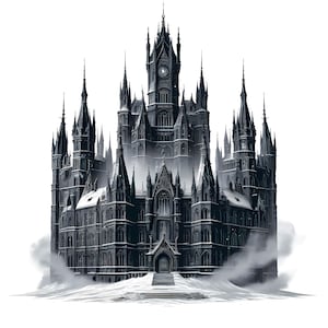May include: A large, dark gray gothic castle with a clock tower and snow-covered ground. The castle has many pointed arches and windows, and a long staircase leading up to the entrance.
