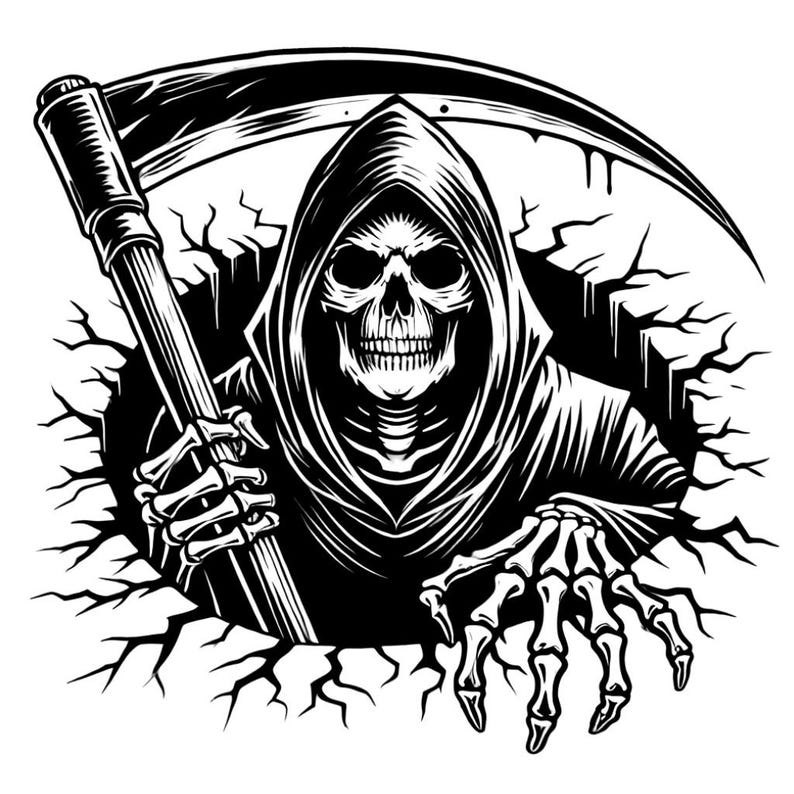 May include: Black and white illustration of the Grim Reaper breaking through a wall, holding a scythe. The Reaper is wearing a hooded robe and has a skeletal face.