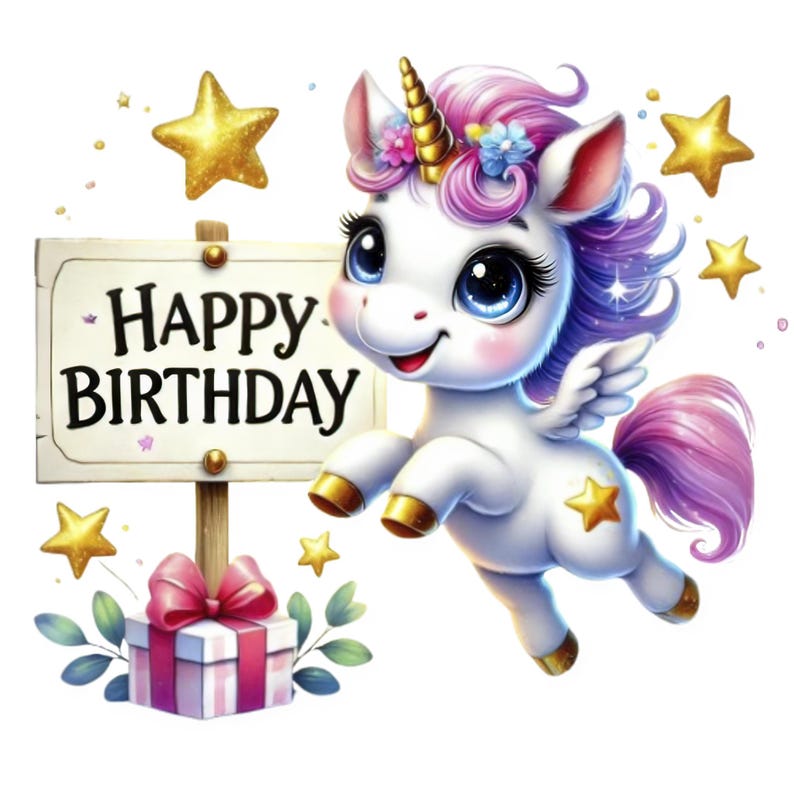 May include: A white unicorn with a pink mane and tail, wearing a flower crown and holding a sign that says "Happy Birthday". The unicorn is surrounded by stars and a gift box with a pink bow.