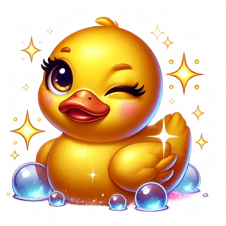 May include: A yellow rubber duck with a winking eye and a pink beak, surrounded by blue bubbles and sparkling stars.