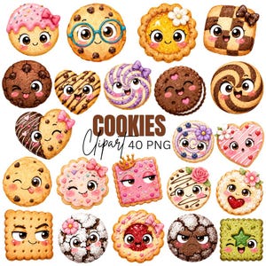 Peut inclure: Une collection de vingt biscuits illustrés avec des visages anthropomorphes, présentant diverses formes comme des cercles, des carrés et des cœurs, décorés de glaçage, de paillettes, de fleurs et de nœuds, avec le texte COOKIES Clipart 40 PNG au centre.