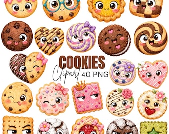 Kawaii Cookies Clipart: Watercolor Dessert Graphics, Sweet Treats, kids birthday (Digital Download) 40 PNG