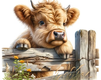 Baby Highland Cow Clipart - 14 High-Quality JPGs - Cute Baby Highland Cow Clipart Bundle - Wall Art - Farm Art - Printables - Commercial Use
