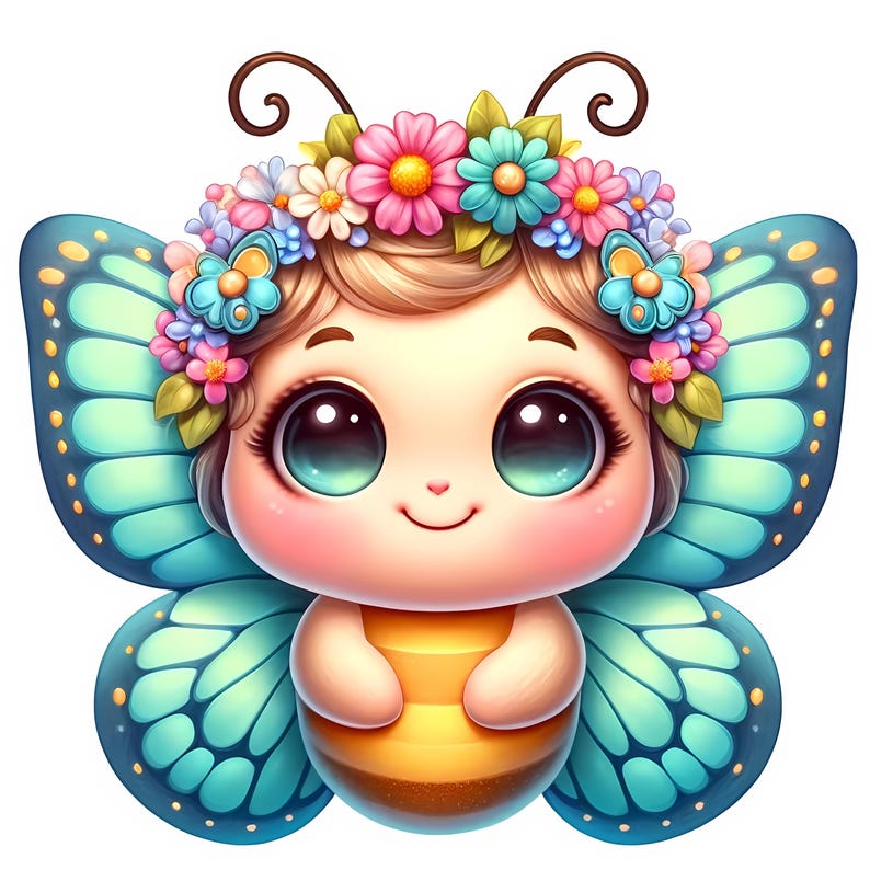 Puede incluir: Una linda mariposa de dibujos animados con una cara humana, que lleva una corona de flores y un cuerpo de abeja amarillo y marr&oacute;n. La mariposa tiene grandes ojos azules y una dulce sonrisa.