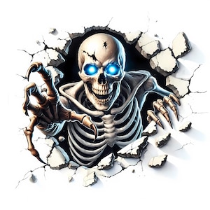 Puede incluir: Una mano esquelética con ojos azules brillantes irrumpe a través de una pared agrietada, extendiendo dedos huesudos. El cráneo está detallado con grietas y una sonrisa amenazante.