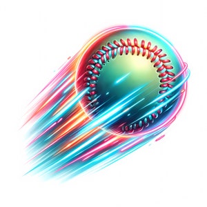 Könnte beinhalten: Ein Baseball mit roten und blauen Nähten fliegt durch die Luft und hinterlässt eine Spur aus bunten Lichtstreifen.