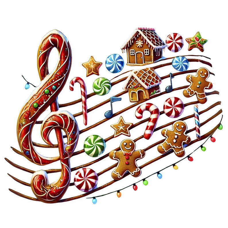 May include: A gingerbread treble clef with candy canes, gingerbread houses, and gingerbread people on a brown and white striped background with colorful lights.