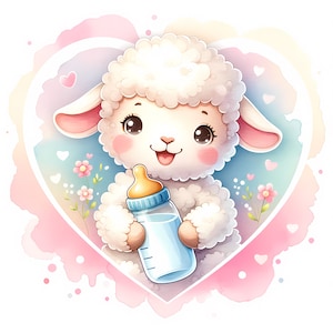 Agnello con biberon Clipart - 12 JPG di alta qualità - Baby Shower, creazione di biglietti, decorazioni per la cameretta dei bambini, artigianato di carta digitale, licenza commerciale