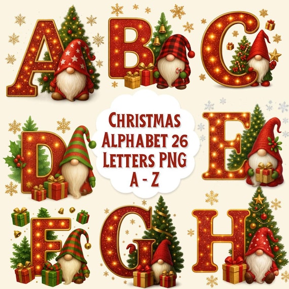Christmas Alphabet PNG, Gnome Holiday Letters A–Z (digital