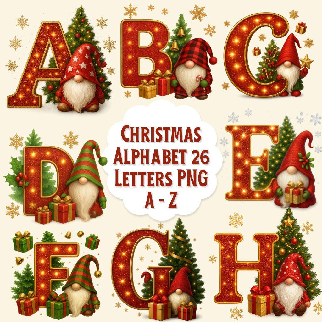 Christmas Alphabet PNG, Gnome Holiday Letters A–Z (digital