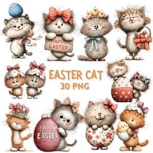 May include: A collection of adorable cartoon cats with Easter-themed elements. The cats are depicted with bows, holding Easter eggs, and carrying baskets. The image includes the text "EASTER CAT 30 PNG".