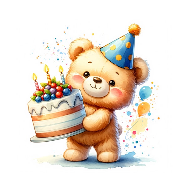 Teddy Bear Birthday Clipart | 12 High-Quality JPGs | Cute Teddy Bear Bundle | Watercolour | Wall Art | Birthday Party | Commercial Use