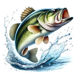 Imágenes prediseñadas de lubina de boca chica / 10 archivos JPG de alta calidad / Paquete de imágenes de lubina de boca chica saltando / Arte de pesca de lubina / Imprimibles / Uso comercial