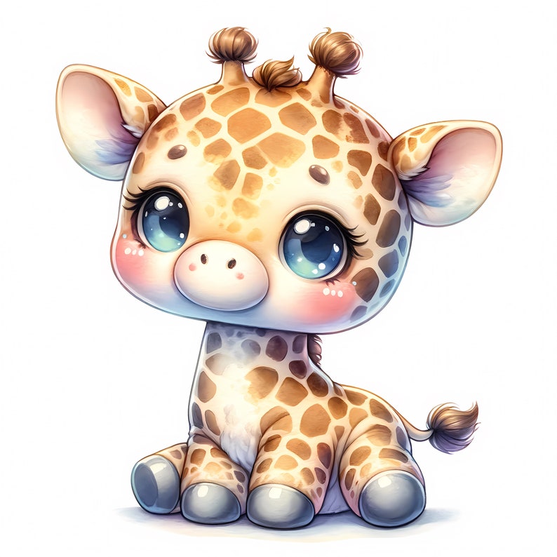 Op de afbeelding: Een schattige cartoon giraffe met grote blauwe ogen, roze wangen en een witte snuit. De giraffe heeft een bruin en beige gevlekt patroon op zijn hoofd en lichaam. Hij zit met zijn benen onder zich en heeft kleine, afgeronde oren.