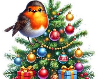Clipart de petirrojo navideño: pájaro festivo (10 JPG) (descarga digital, uso comercial)