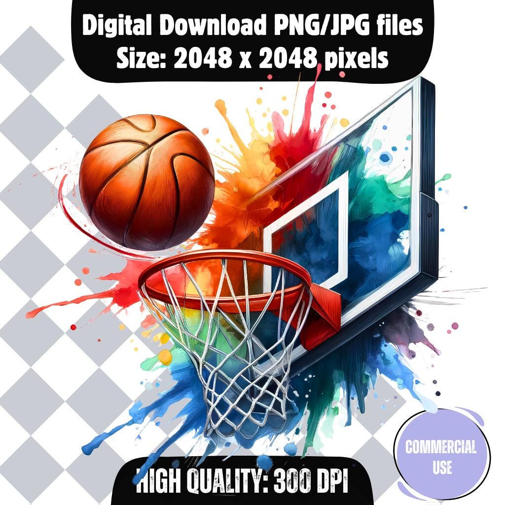 Watercolor Basketball Hoop Clipart: Sports Wall Art, 12 PNG & JPG ...