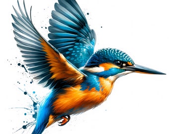 May include: A blue and orange kingfisher bird with a long beak in flight with a watercolor splatter effect in the background.