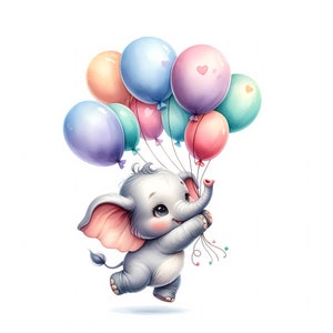 Baby Elephant With Balloons Clipart: Nursery Art (digital Download ...