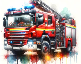 Fire Engine Clipart Bundle - 12 High-Quality JPGs - Wall Art - Rescue Vehicle Art - Digital Prints - Watercolor - Commercial Use