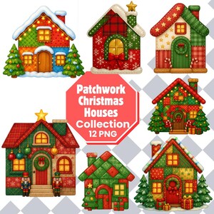 May include: A collection of colorful, patchwork Christmas houses. Each house features unique designs with festive decorations like wreaths, lights, and Christmas trees. The image includes the text "Patchwork Christmas Houses Collection 12 PNG".