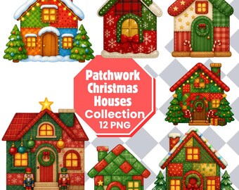 Imágenes prediseñadas de casa navideña de patchwork: Ilustración de cabaña navideña (descarga digital), conjunto de 12, fondo transparente