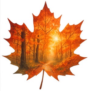 May include: An orange maple leaf illustration with a forest scene inside. The forest features tall trees, a path, and a bright sun. The leaf is a vibrant autumn colour, perfect for autumn decor.
