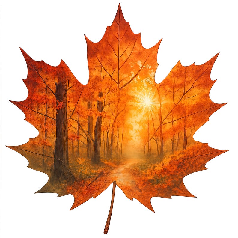 May include: An orange maple leaf illustration with a forest scene inside. The forest features tall trees, a path, and a bright sun. The leaf is a vibrant autumn colour, perfect for autumn decor.