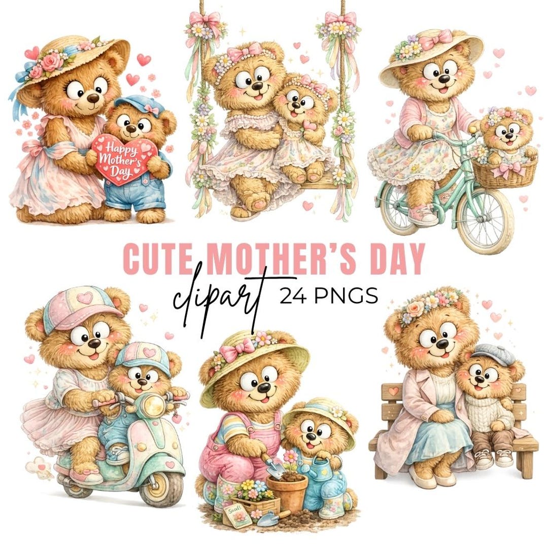 Mother's Day Teddy Bear Clipart, Mama Baby Bear Graphics (digital ...
