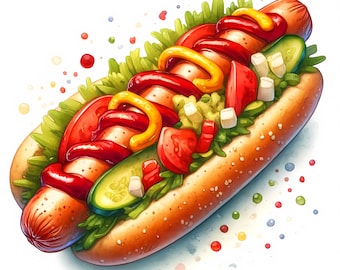Hot Dog Clipart – Fast Food Illustration (JPG Digital Download