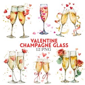 May include: A watercolour illustration of champagne glasses filled with bubbly liquid, decorated with hearts and roses. The image includes the text "VALENTINE CHAMPAGNE GLASS 12 PNG". The glasses are adorned with ribbons and gold accents.