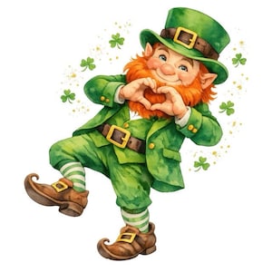 Könnte beinhalten: Aquarell-Illustration eines Leprechauns in grünem Anzug und Hut, mit rotem Bart, der mit seinen Händen ein Herz formt. Der Leprechaun trägt braune Schuhe und grün-weiß gestreifte Socken. Kleeblatt-Akzente sind um die Figur verstreut.