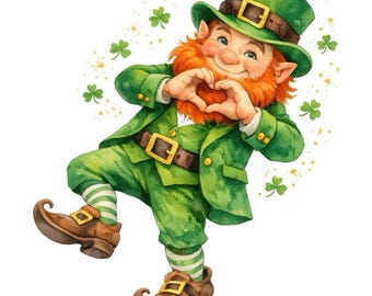 Whimsical Leprechaun Clipart, St. Patrick’s Day Heart Graphics (Digital Download – 15 PNG)