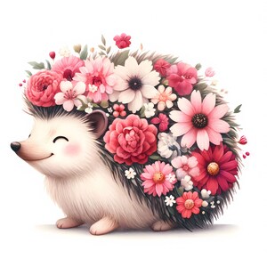 K&ouml;nnte beinhalten: Ein s&uuml;&szlig;er Igel mit einer Krone aus rosa, wei&szlig;en und roten Blumen auf dem Kopf. Der Igel l&auml;chelt und hat einen flauschigen wei&szlig;en K&ouml;rper.