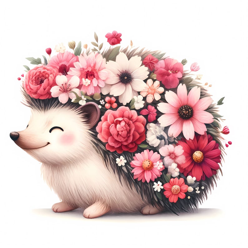 K&ouml;nnte beinhalten: Ein s&uuml;&szlig;er Igel mit einer Krone aus rosa, wei&szlig;en und roten Blumen auf dem Kopf. Der Igel l&auml;chelt und hat einen flauschigen wei&szlig;en K&ouml;rper.
